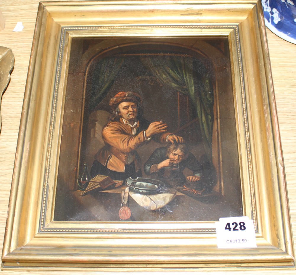 A 19th century German School, oil on zinc, Dentist at work, 24 x 20cm